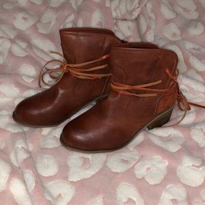Brown faux leather and suede ankle booties